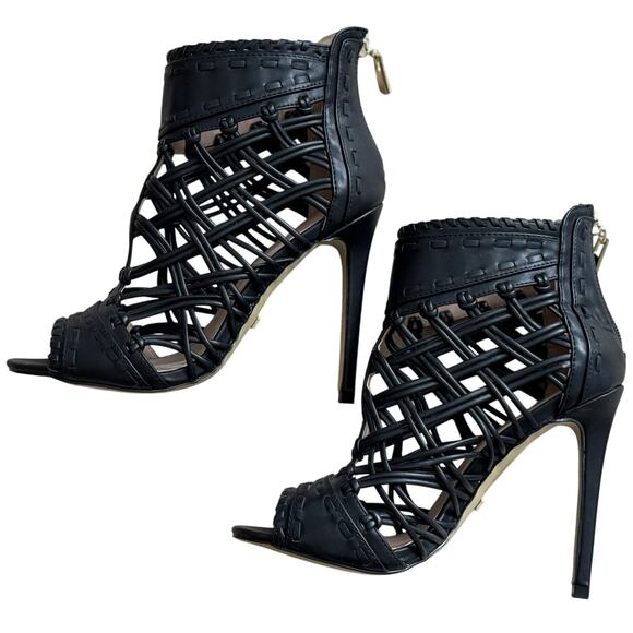 NWOB Bebe Rylea Open Toe Ultra High Black Heels Women's SZ 6 - Picture 4 of 9